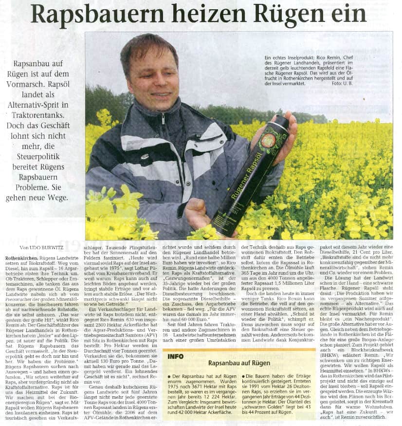 Rapsbauern heizen Rügen ein